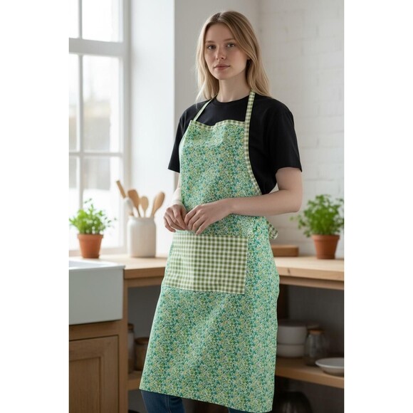 Unisex Cotton Apron:  One Size Fits All, Green Floral with Gingham Green Pockets - Picture 2 of 5